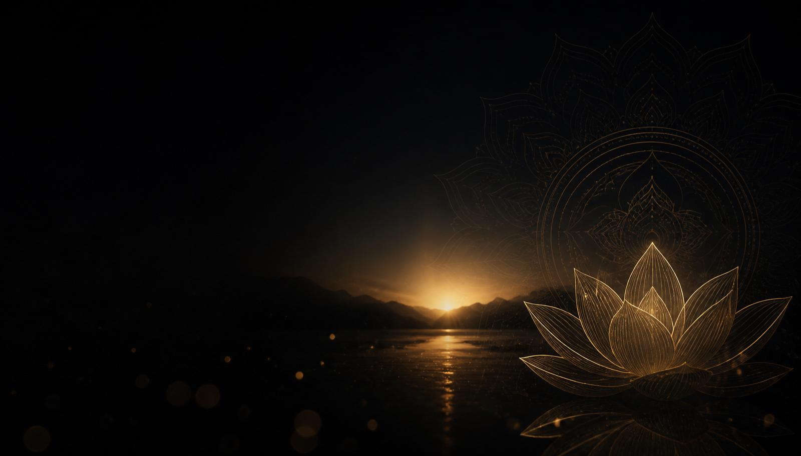 Golden lotus and mandala line art glowing over a dark sunrise horizon